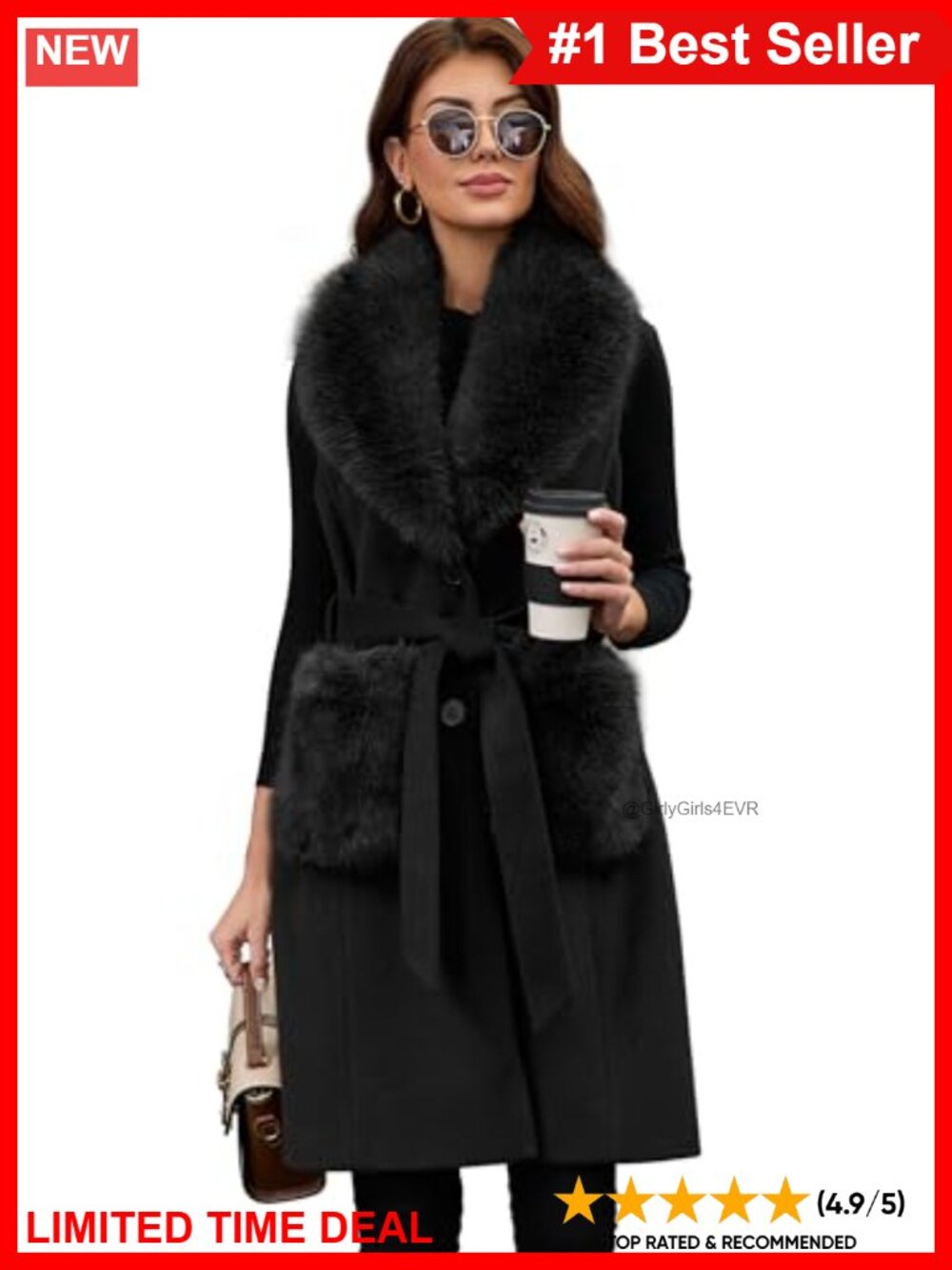 Long Wool Vest Belted Faux Fur Collar Sleeveless Coat